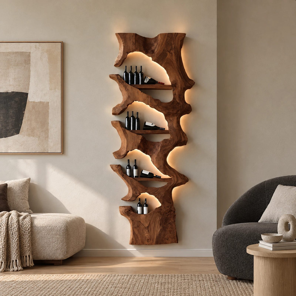 Mid Century Solid Wood Wine Rack With Stepped Pockets For Home Bar