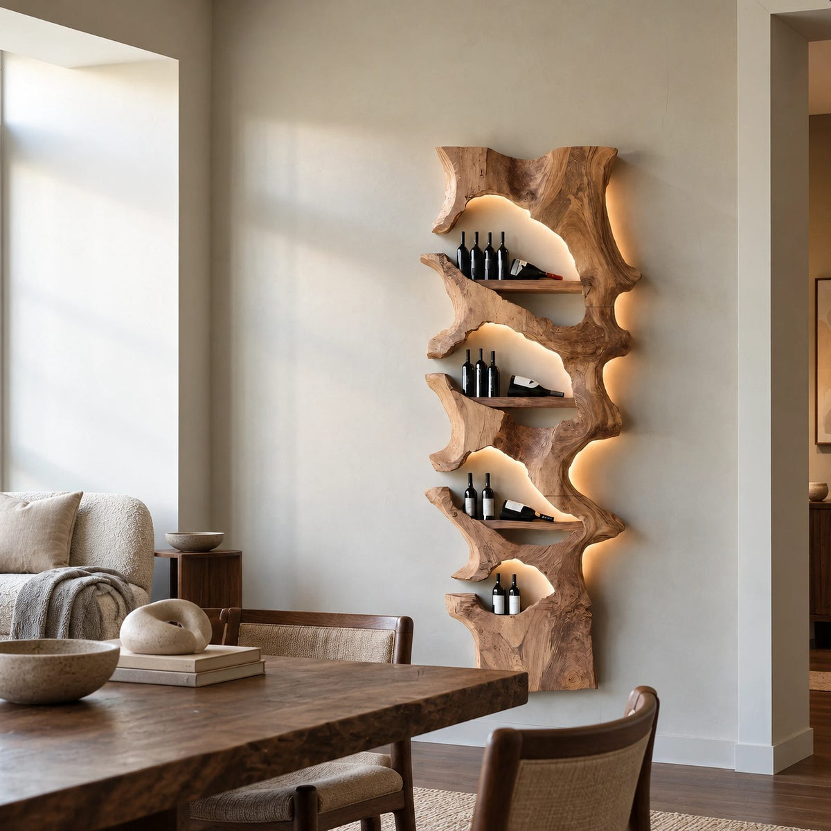 Mid Century Solid Wood Wine Rack With Stepped Pockets For Home Bar