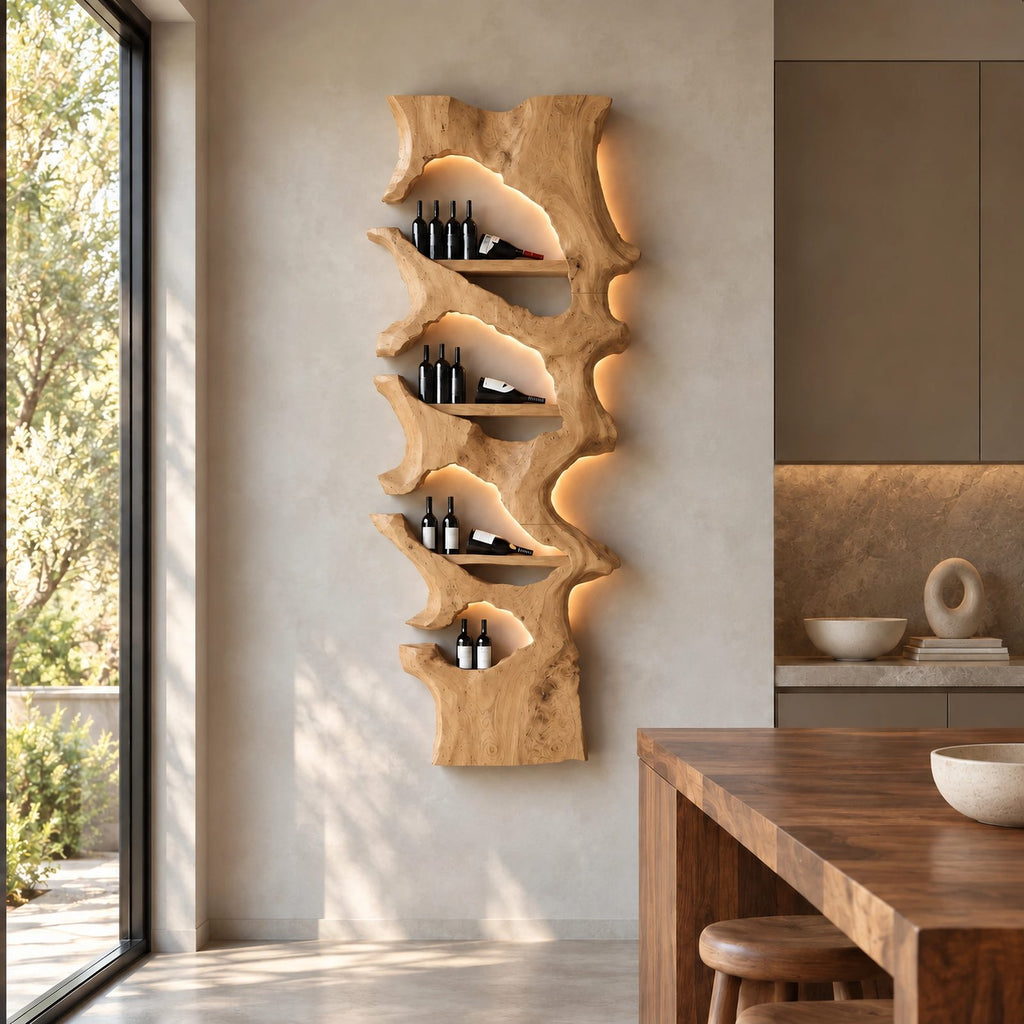 Mid Century Solid Wood Wine Rack With Stepped Pockets For Home Bar