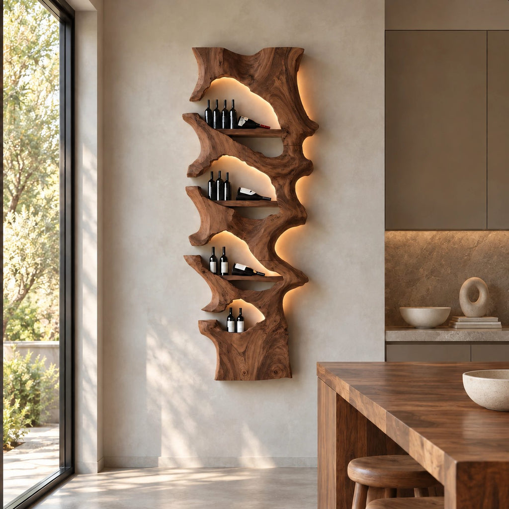 Mid Century Solid Wood Wine Rack With Stepped Pockets For Home Bar