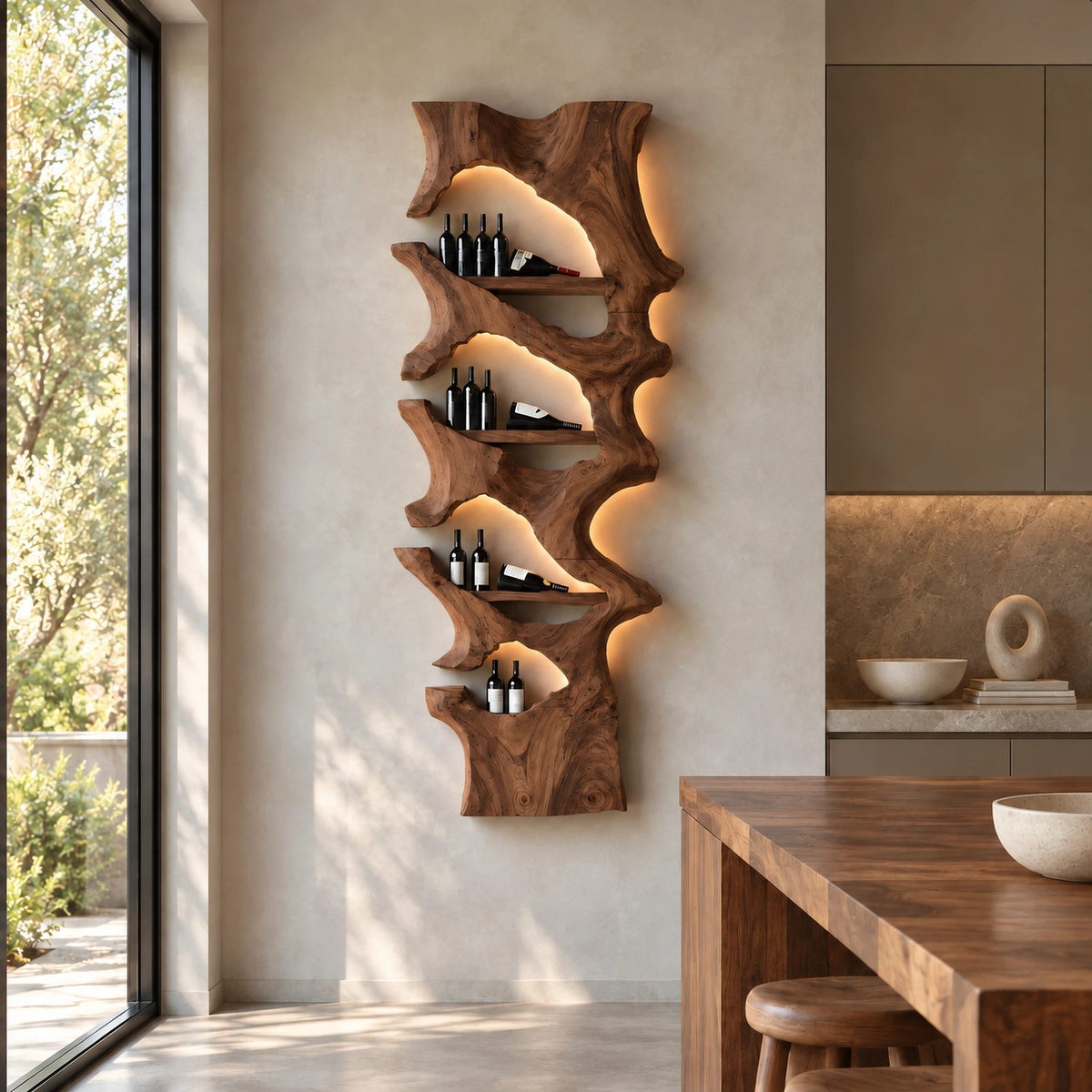 Mid Century Solid Wood Wine Rack With Stepped Pockets For Home Bar