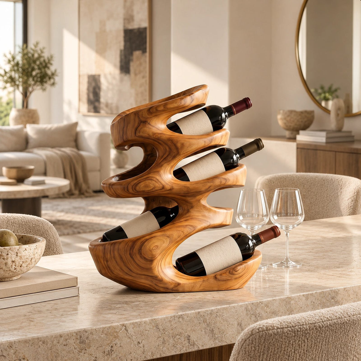 Farmhouse Sculptural Wood Wine Stand For Dining Room
