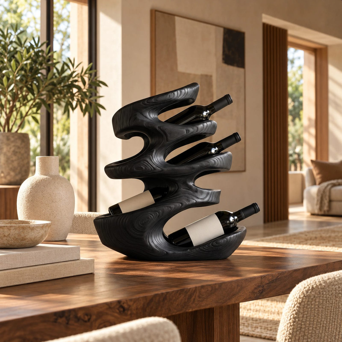 Farmhouse Sculptural Wood Wine Stand For Dining Room