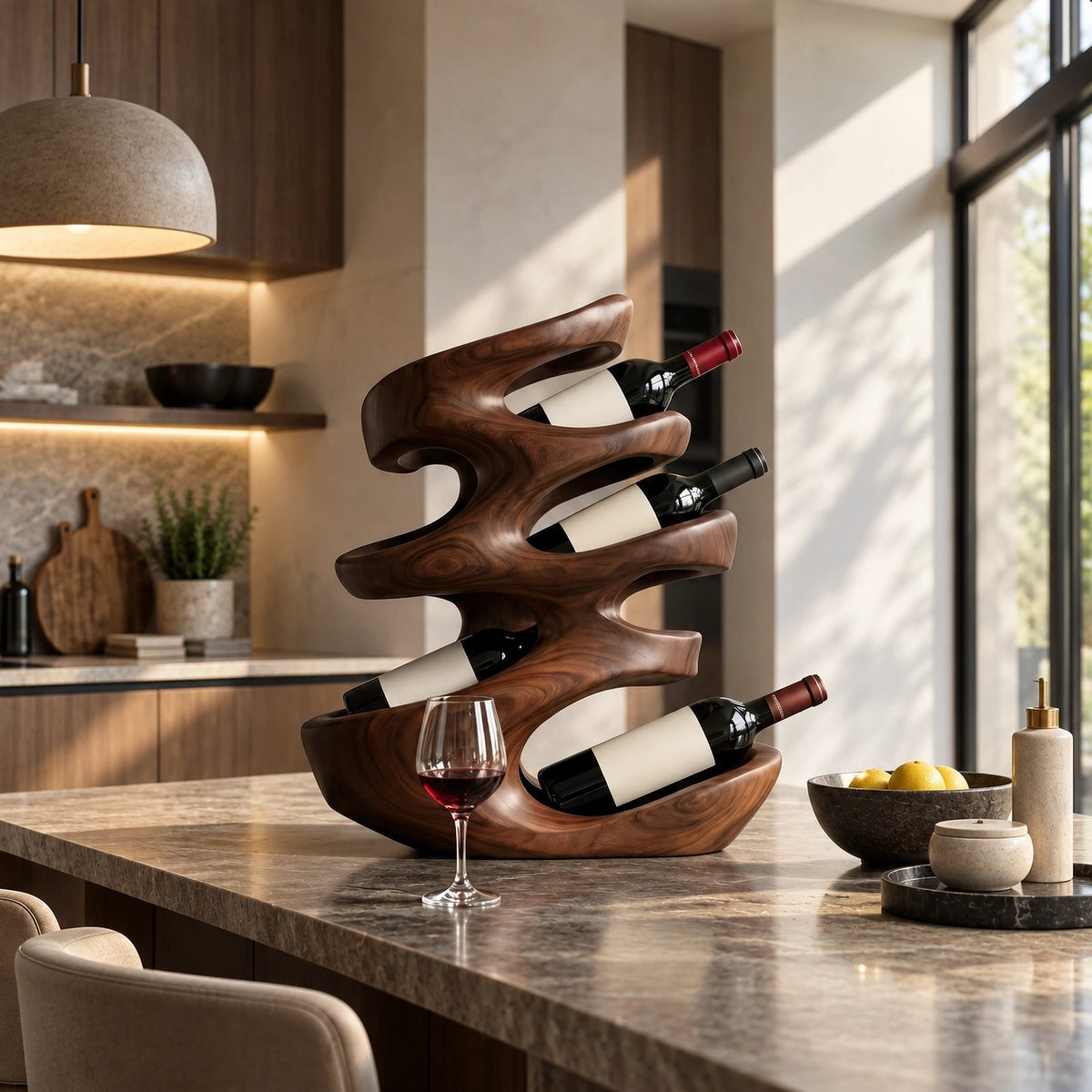 Farmhouse Sculptural Wood Wine Stand For Dining Room