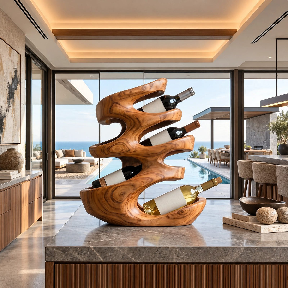 Farmhouse Sculptural Wood Wine Stand For Dining Room