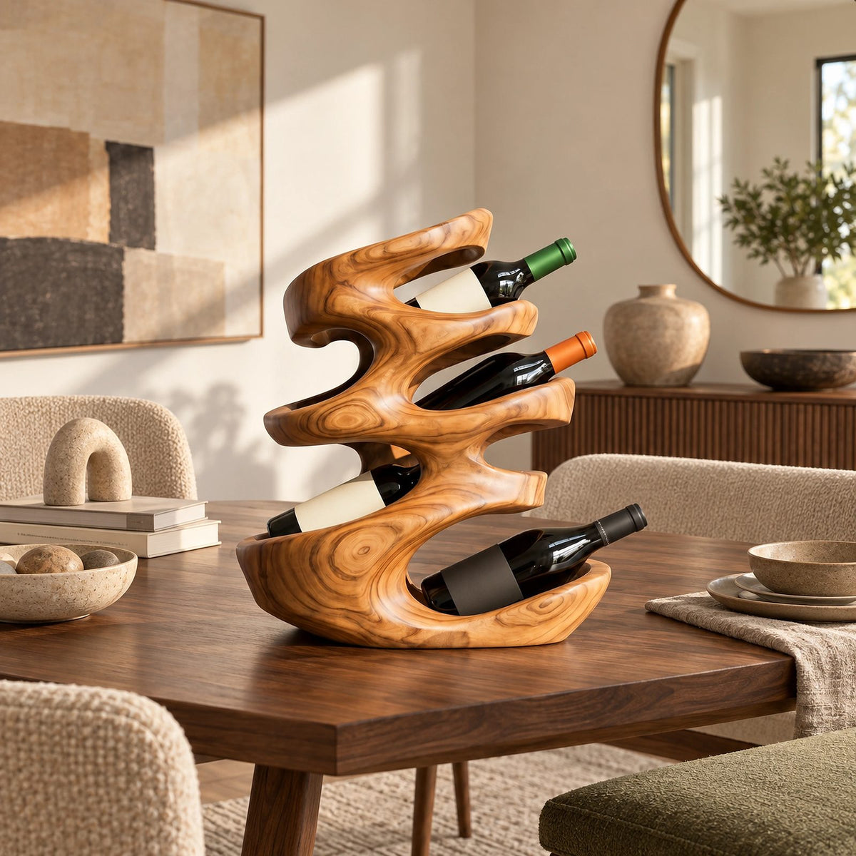 Farmhouse Sculptural Wood Wine Stand For Dining Room