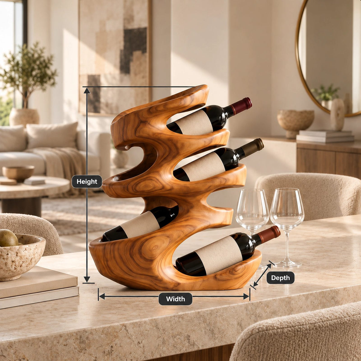 Farmhouse Sculptural Wood Wine Stand For Dining Room