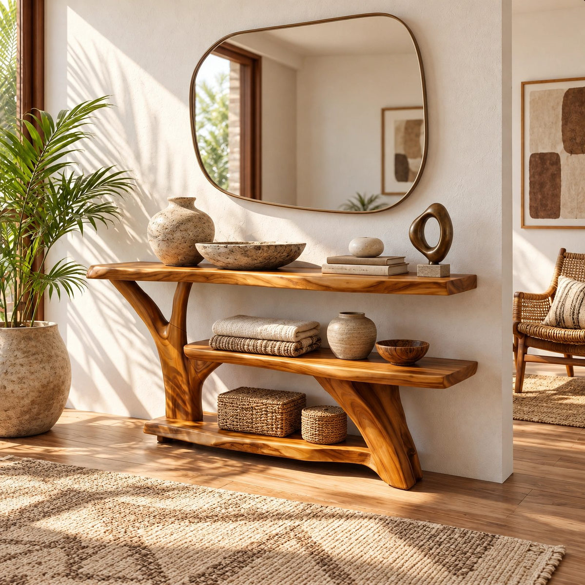 Organic Root Base Console Table With Open Shelf For Living Room