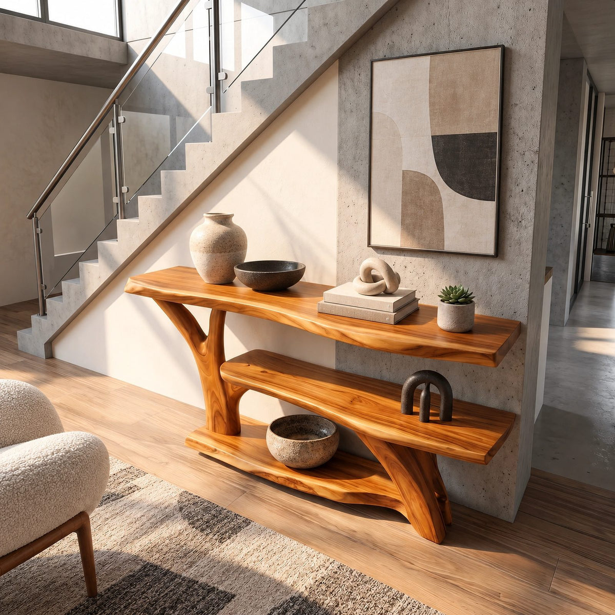 Organic Root Base Console Table With Open Shelf For Living Room