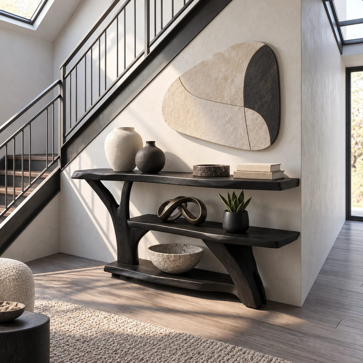 Organic Root Base Console Table With Open Shelf For Living Room