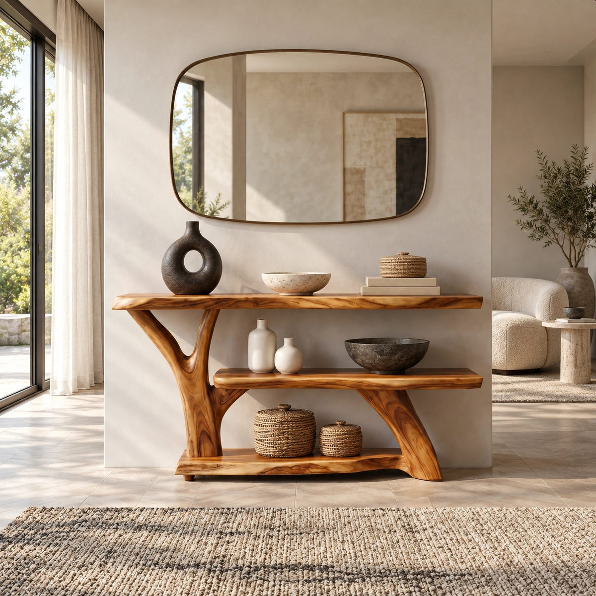 Organic Root Base Console Table With Open Shelf For Living Room
