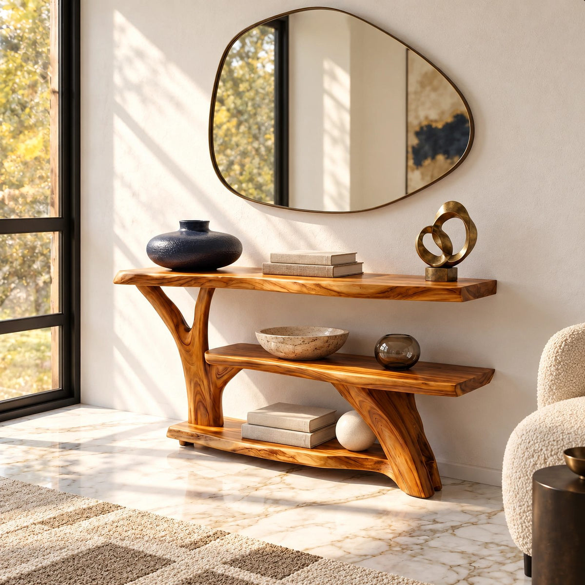 Organic Root Base Console Table With Open Shelf For Living Room