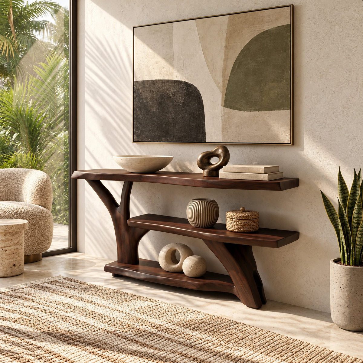 Organic Root Base Console Table With Open Shelf For Living Room