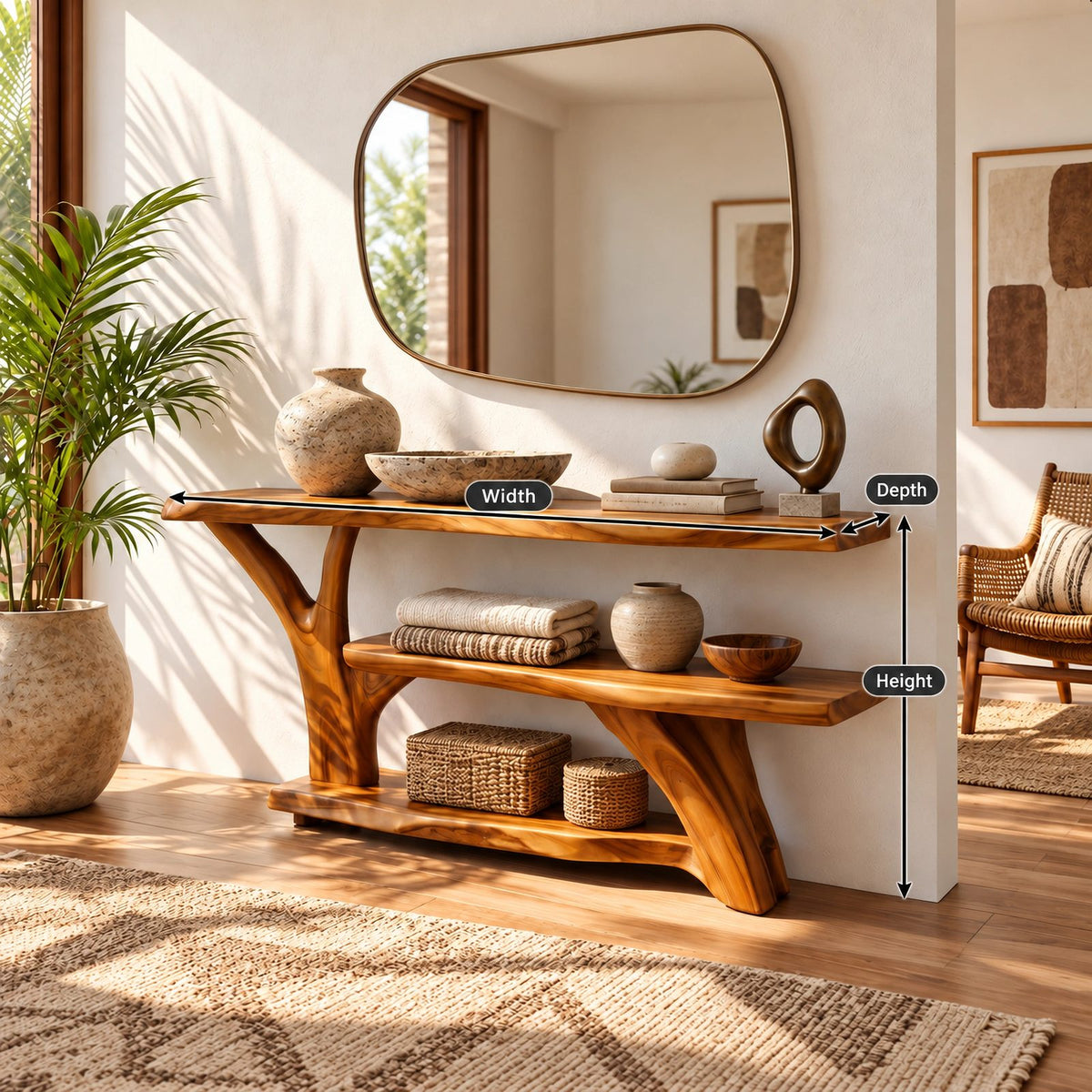 Organic Root Base Console Table With Open Shelf For Living Room