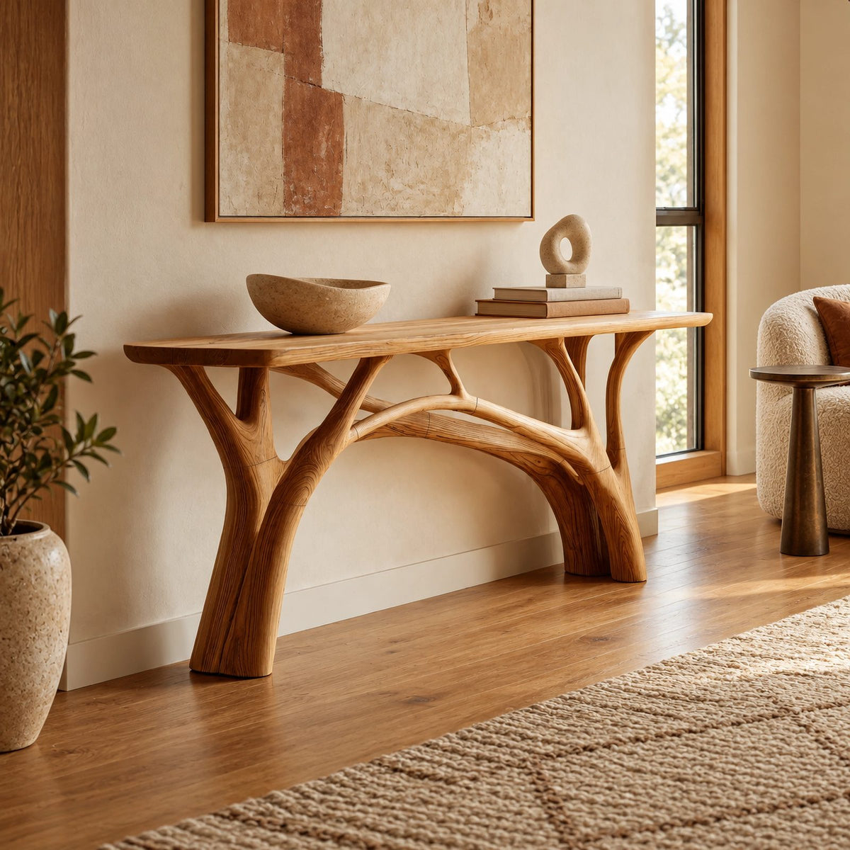 Rustic Branch Leg Console Table With Live Edge Top For Entryway