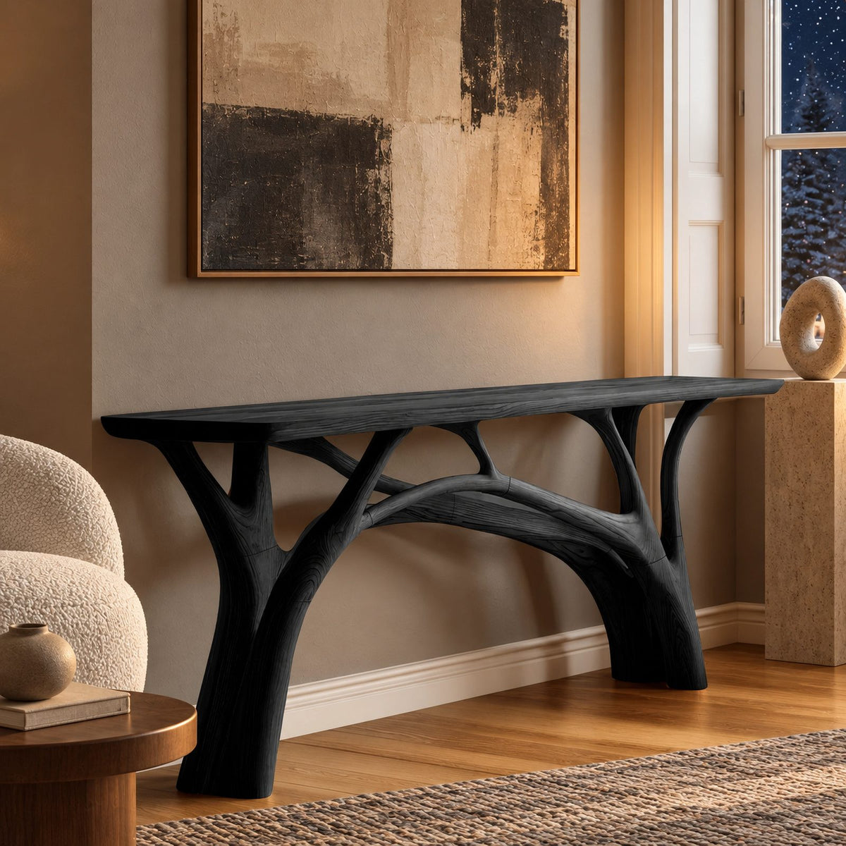 Rustic Branch Leg Console Table With Live Edge Top For Entryway