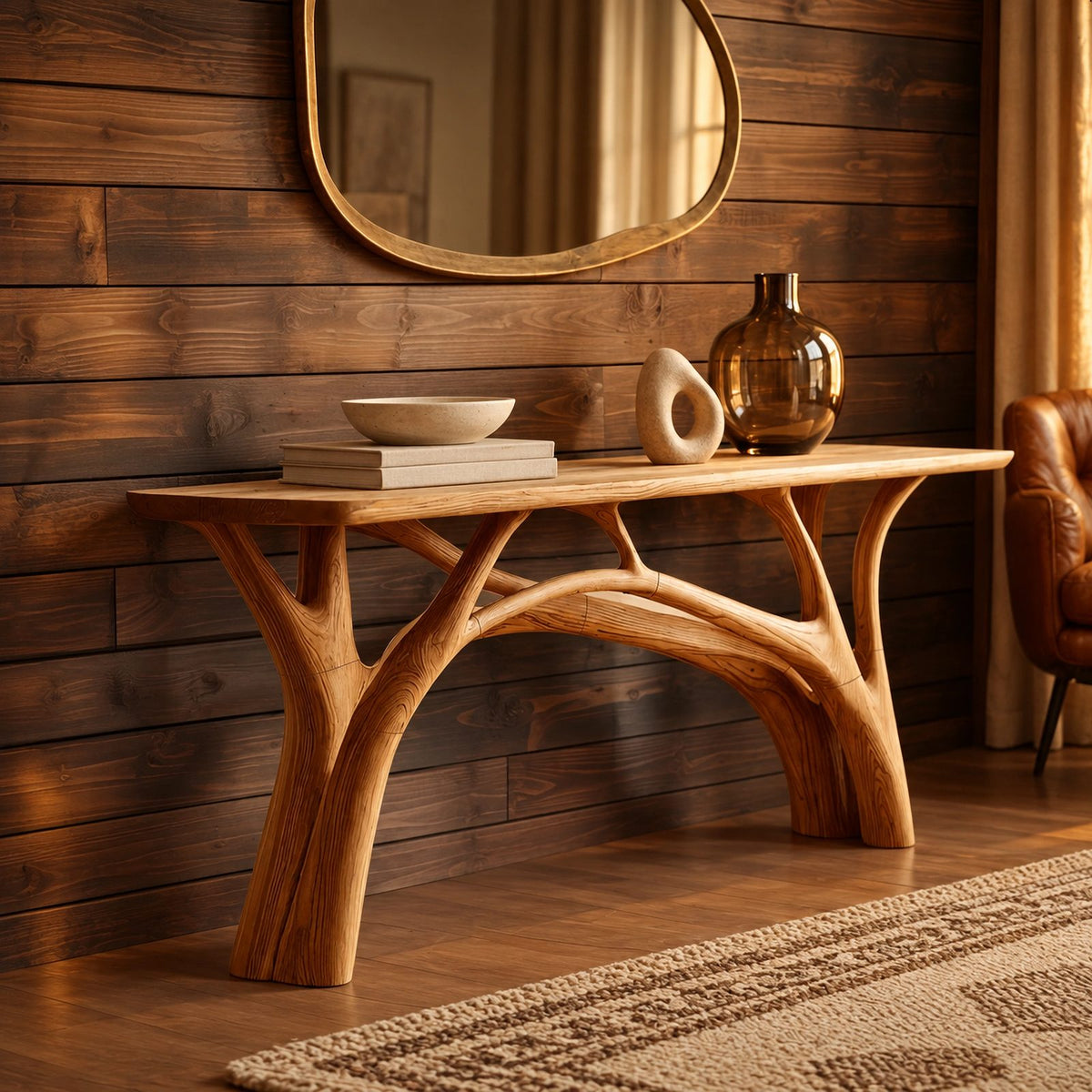 Rustic Branch Leg Console Table With Live Edge Top For Entryway