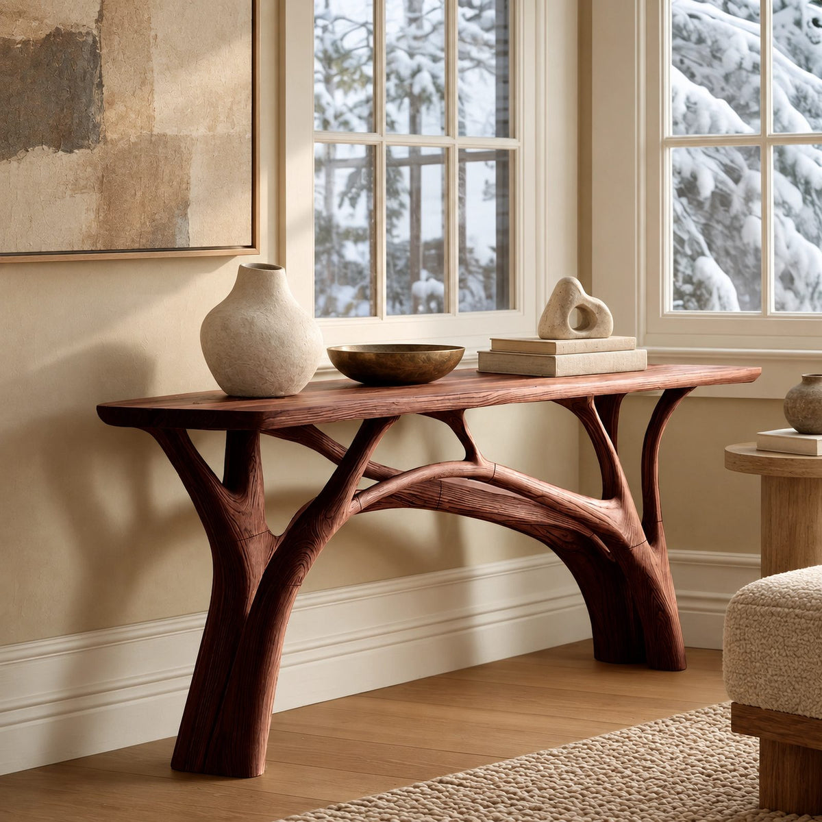 Rustic Branch Leg Console Table With Live Edge Top For Entryway