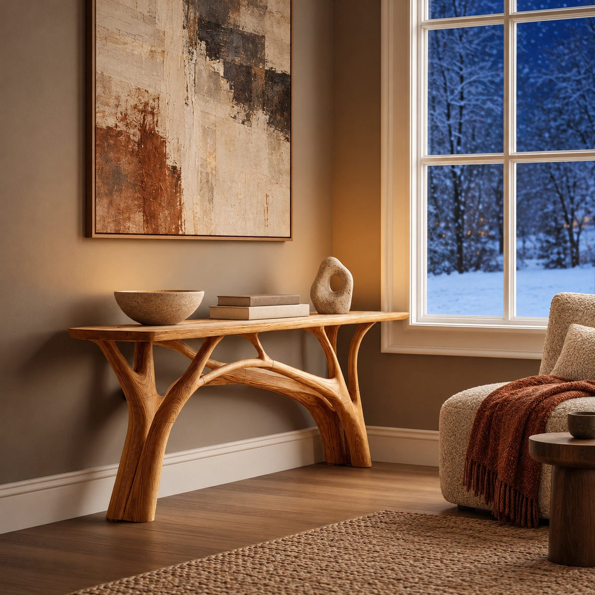 Rustic Branch Leg Console Table With Live Edge Top For Entryway