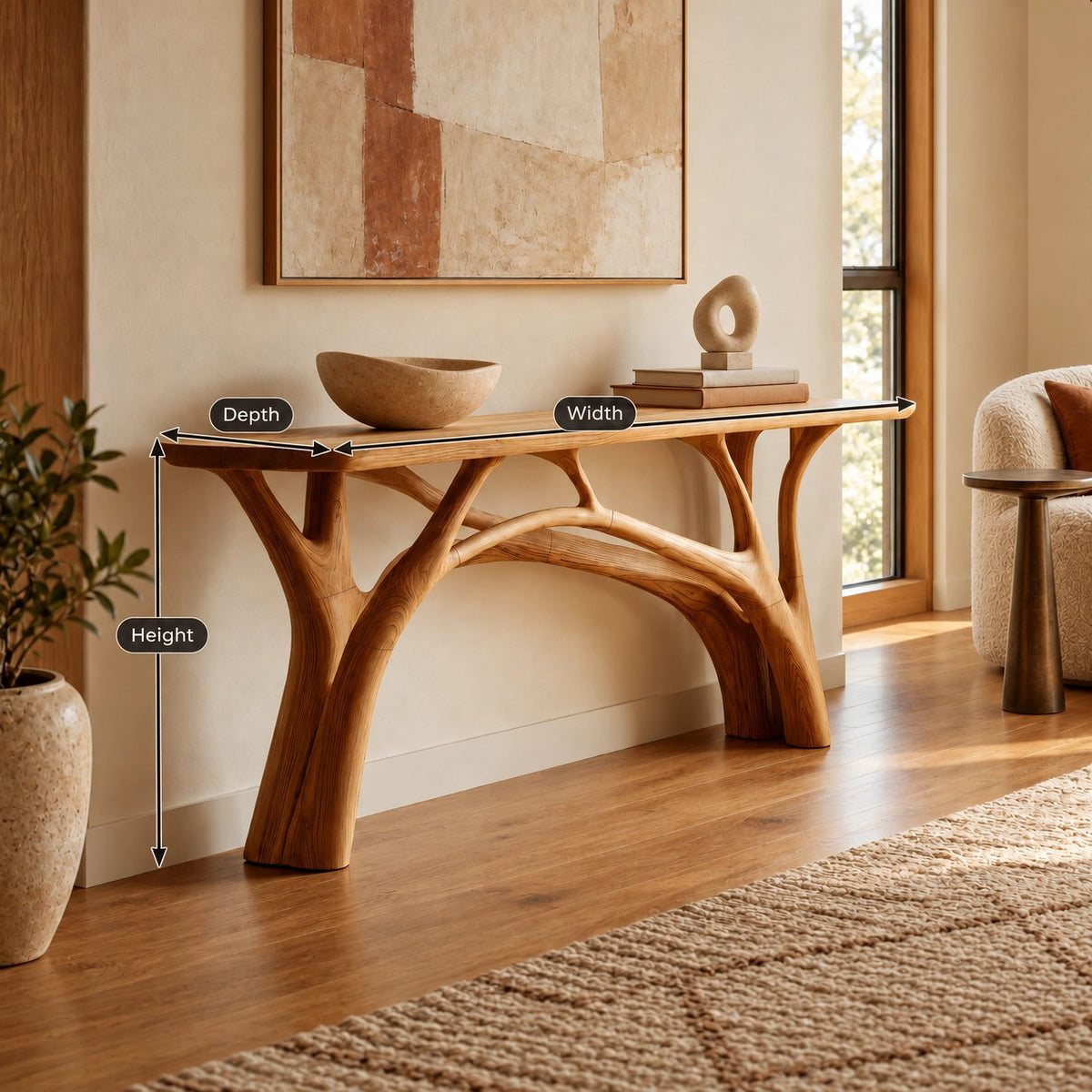 Rustic Branch Leg Console Table With Live Edge Top For Entryway
