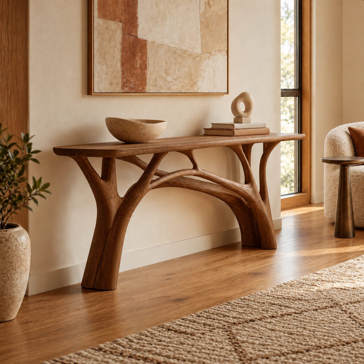 Rustic Branch Leg Console Table With Live Edge Top For Entryway