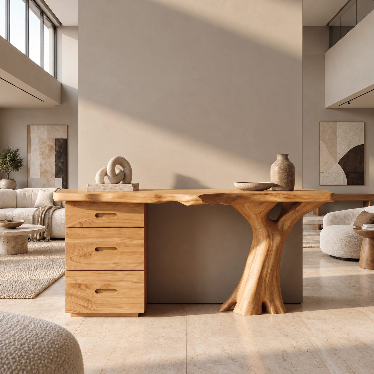 Handcrafted Console Table With Drawers And Root Leg For Entryway