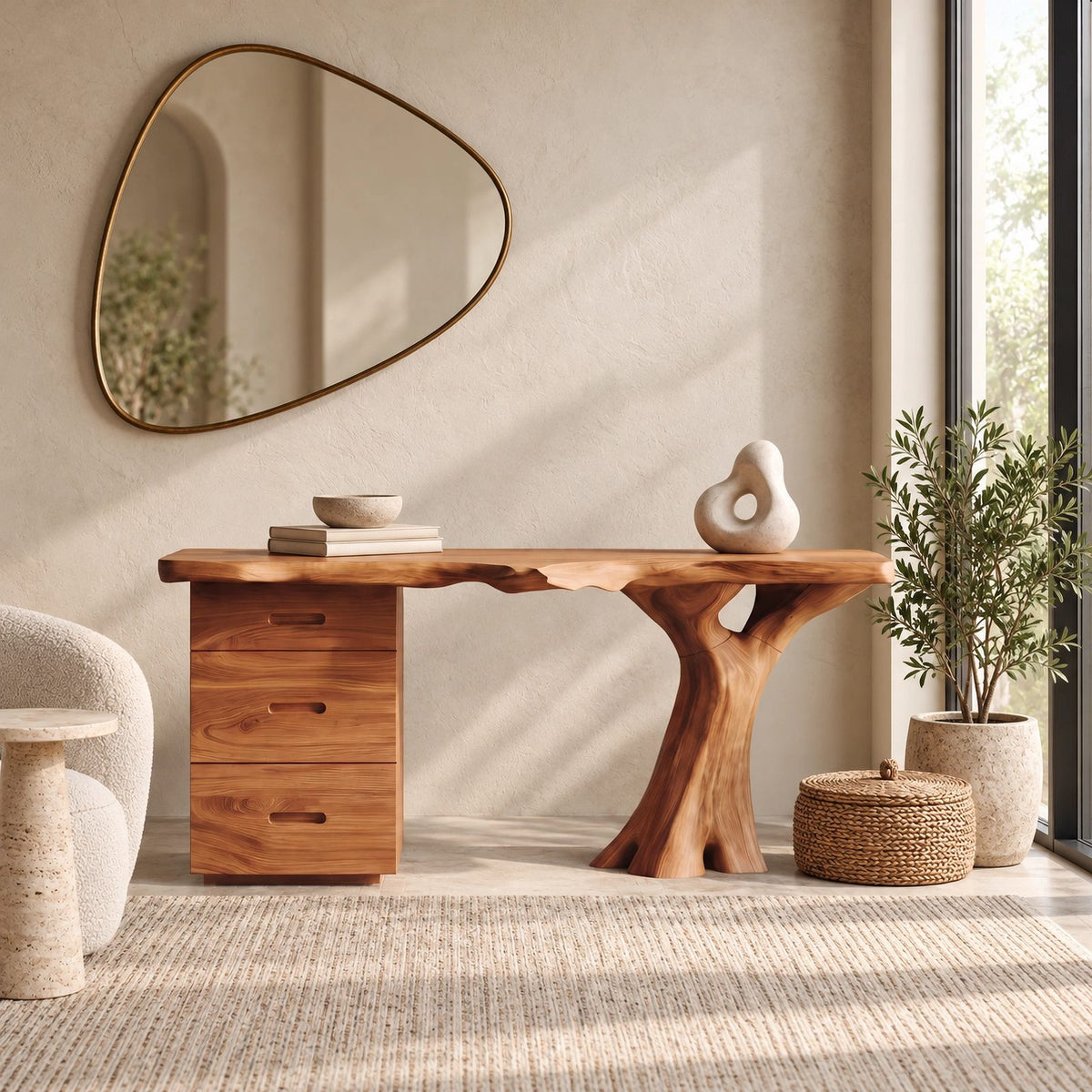 Handcrafted Console Table With Drawers And Root Leg For Entryway