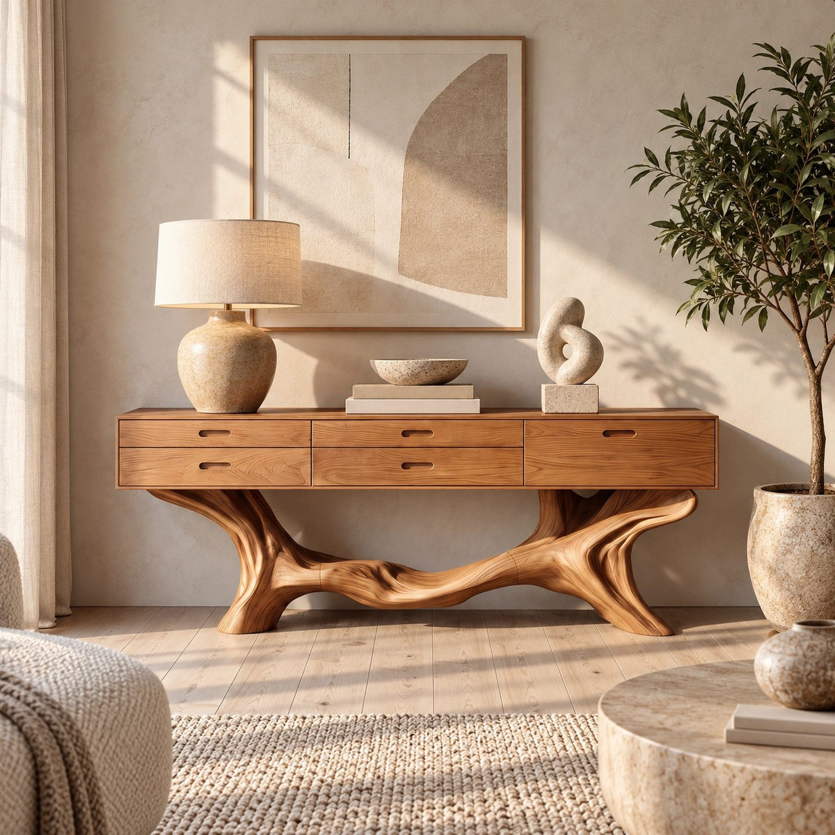 Modern Tree Branch Console Table With Drawers For Entryway