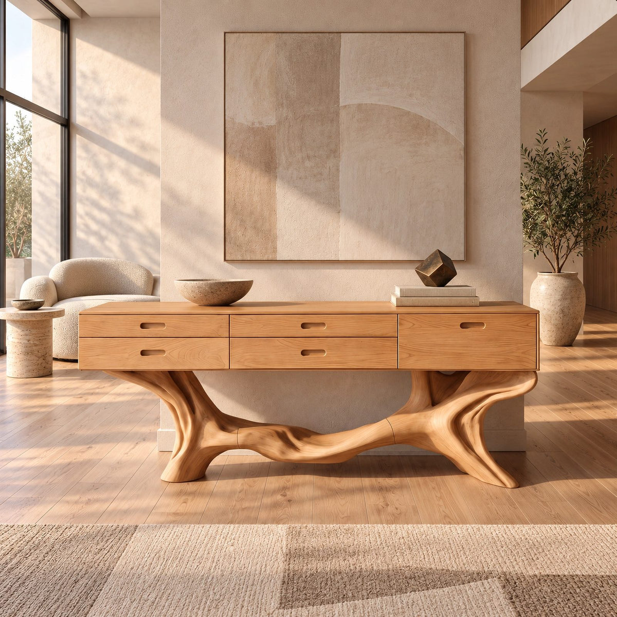 Modern Tree Branch Console Table With Drawers For Entryway