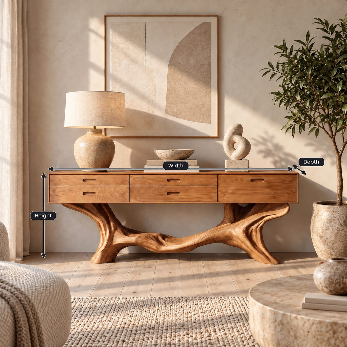 Modern Tree Branch Console Table With Drawers For Entryway