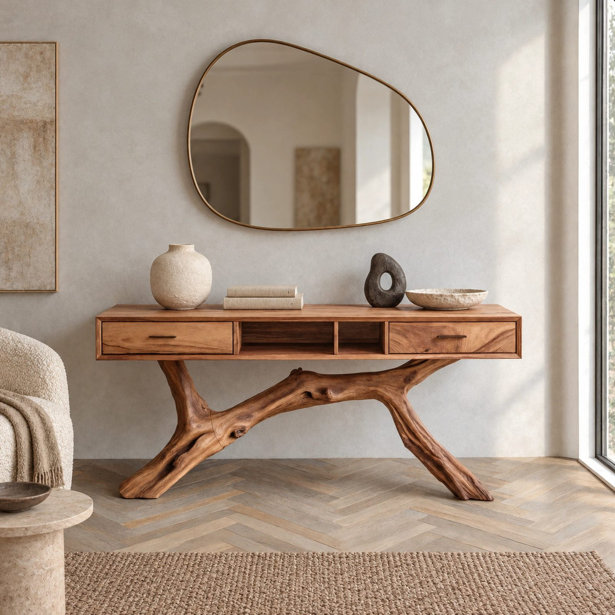 Rustic Branch Base Console Table With Open Storage For Entryway