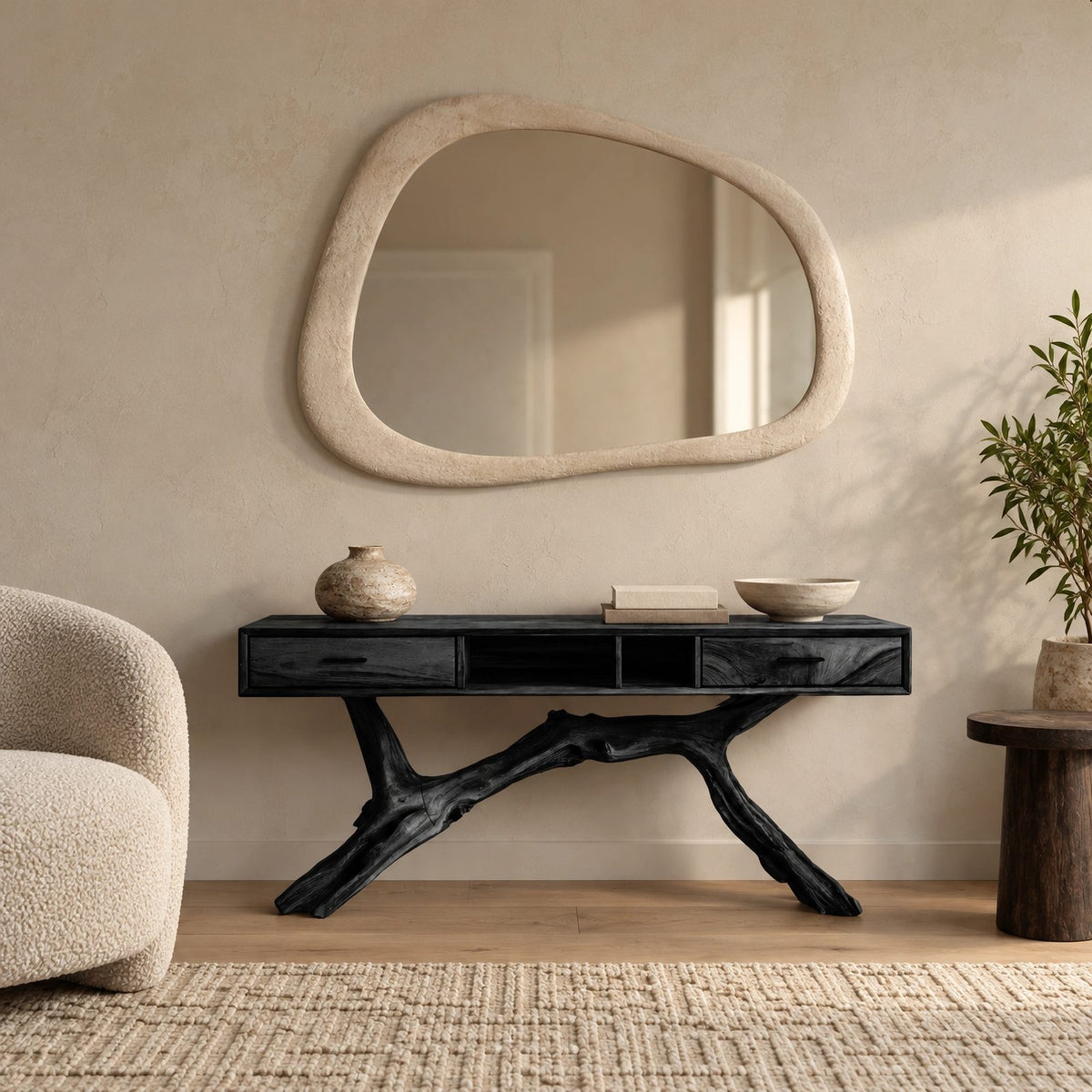 Rustic Branch Base Console Table With Open Storage For Entryway