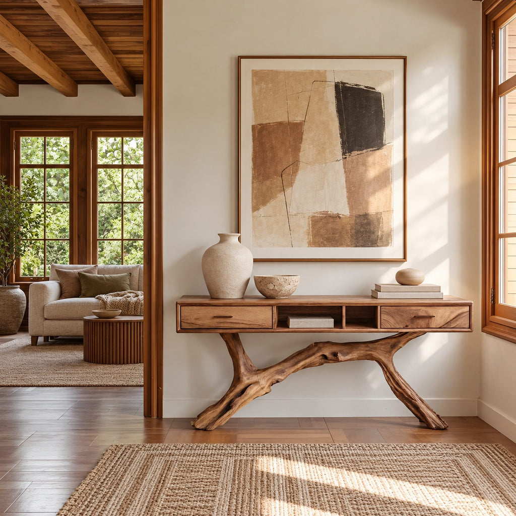 Rustic Branch Base Console Table With Open Storage For Entryway