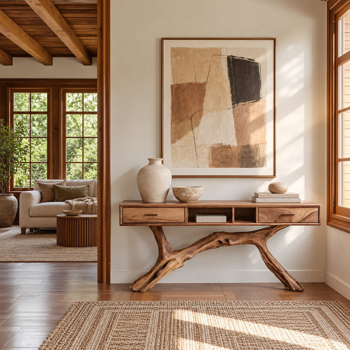 Rustic Branch Base Console Table With Open Storage For Entryway