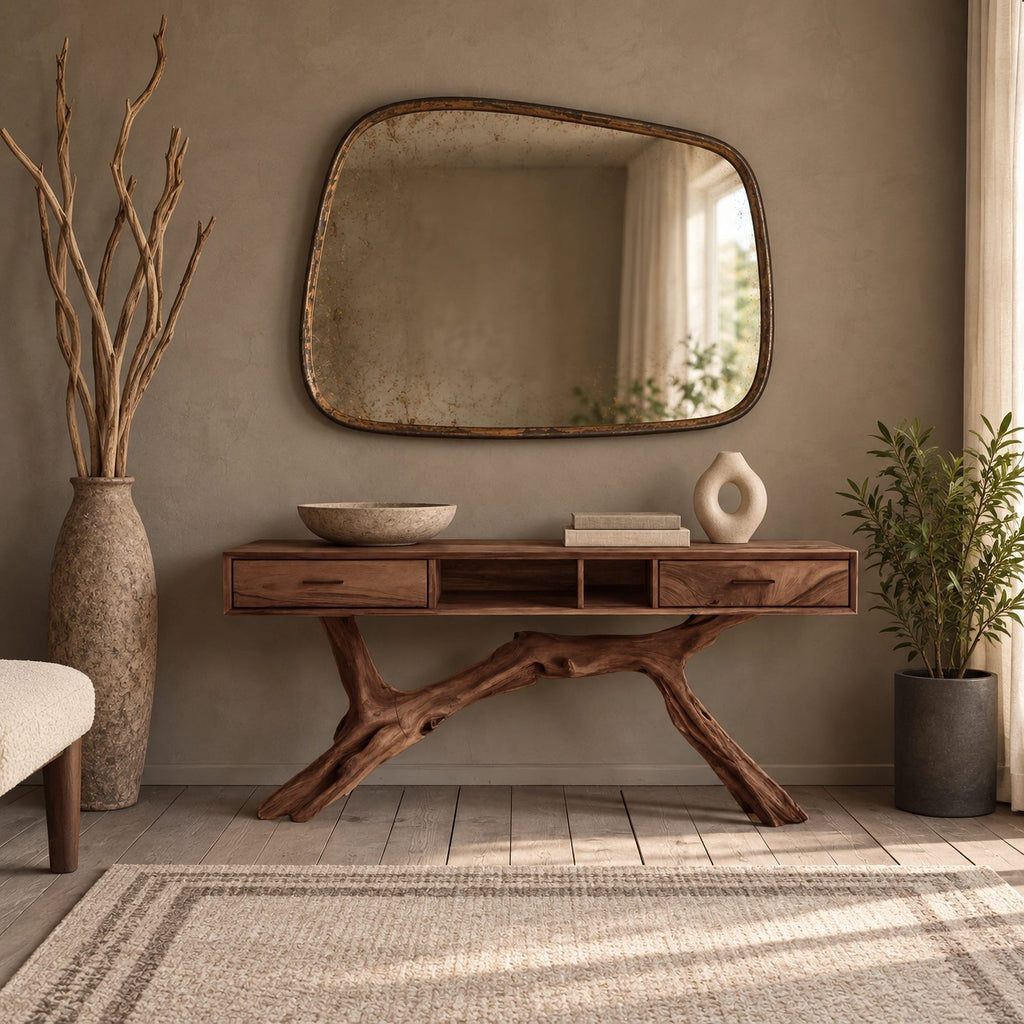 Rustic Branch Base Console Table With Open Storage For Entryway