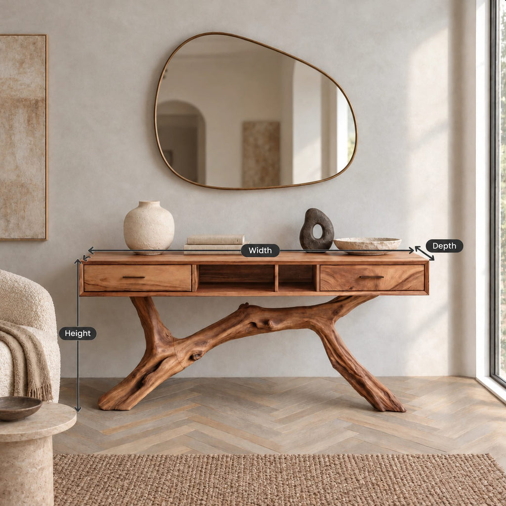 Rustic Branch Base Console Table With Open Storage For Entryway