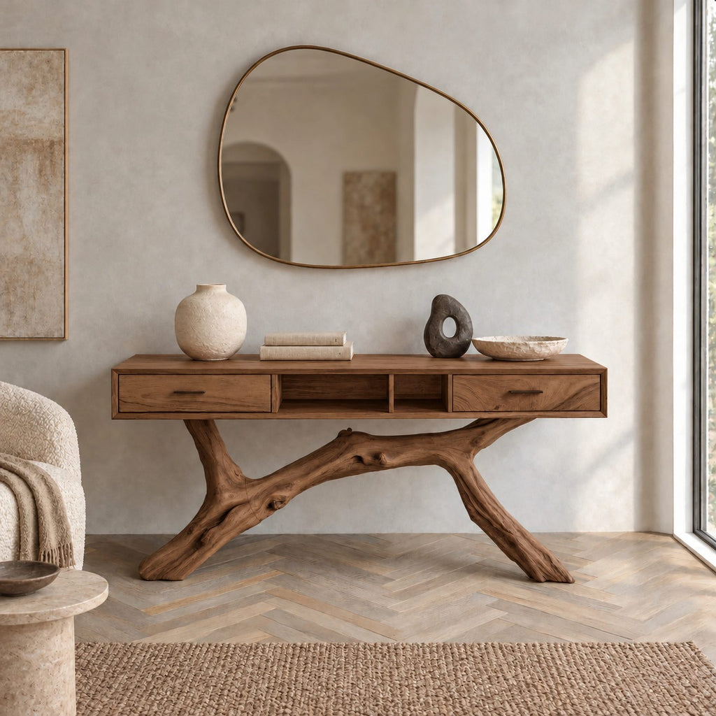 Rustic Branch Base Console Table With Open Storage For Entryway