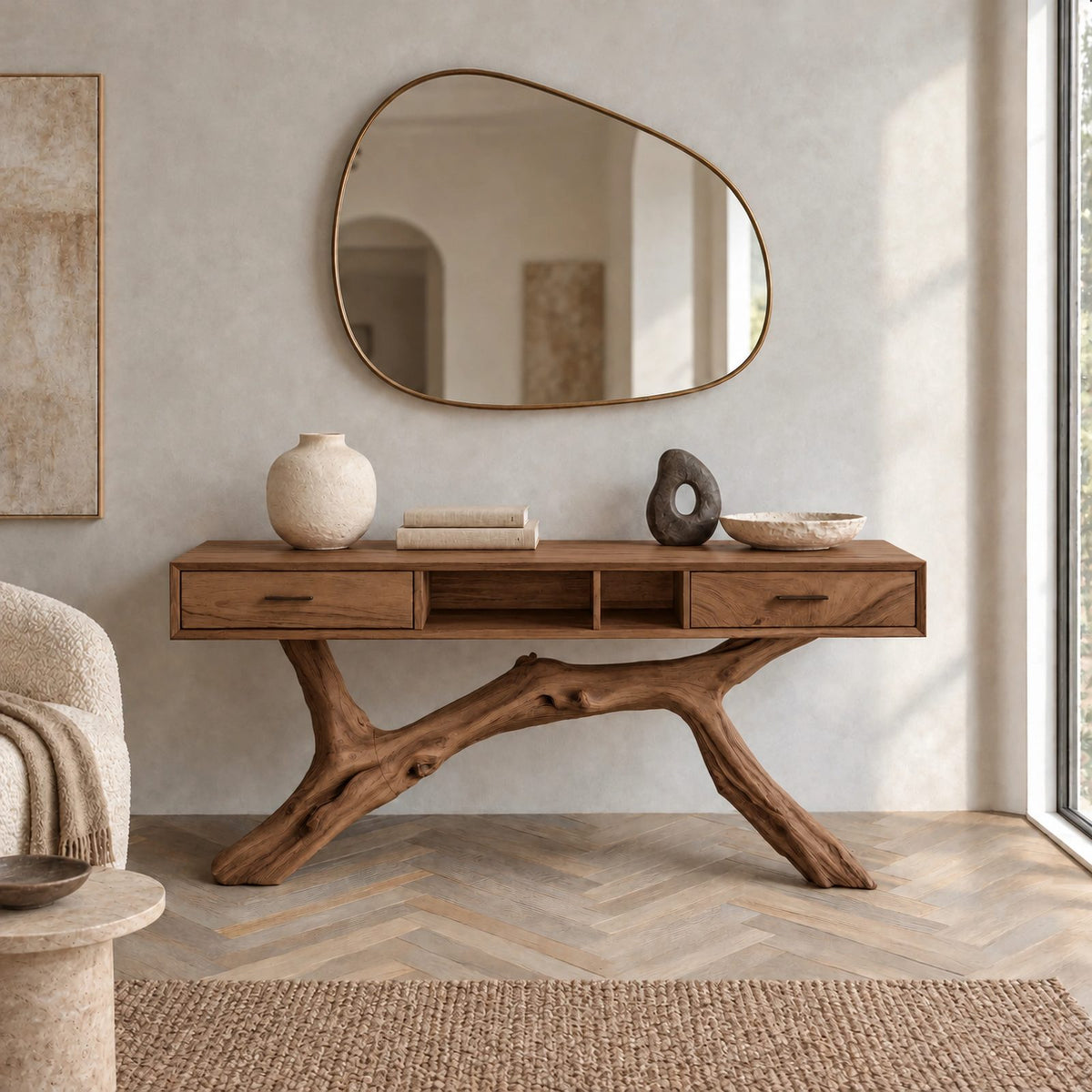 Rustic Branch Base Console Table With Open Storage For Entryway