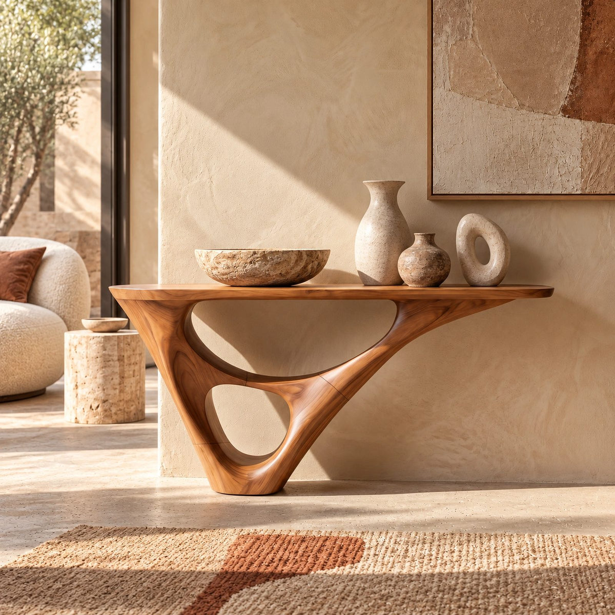 Sculptural Wood Console Table With Hollow Base For Entryway