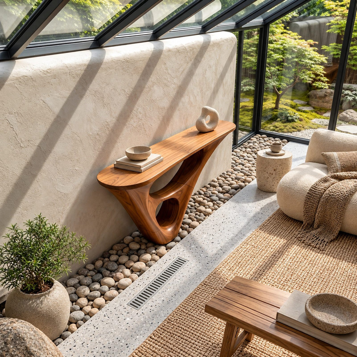 Sculptural Wood Console Table With Hollow Base For Entryway