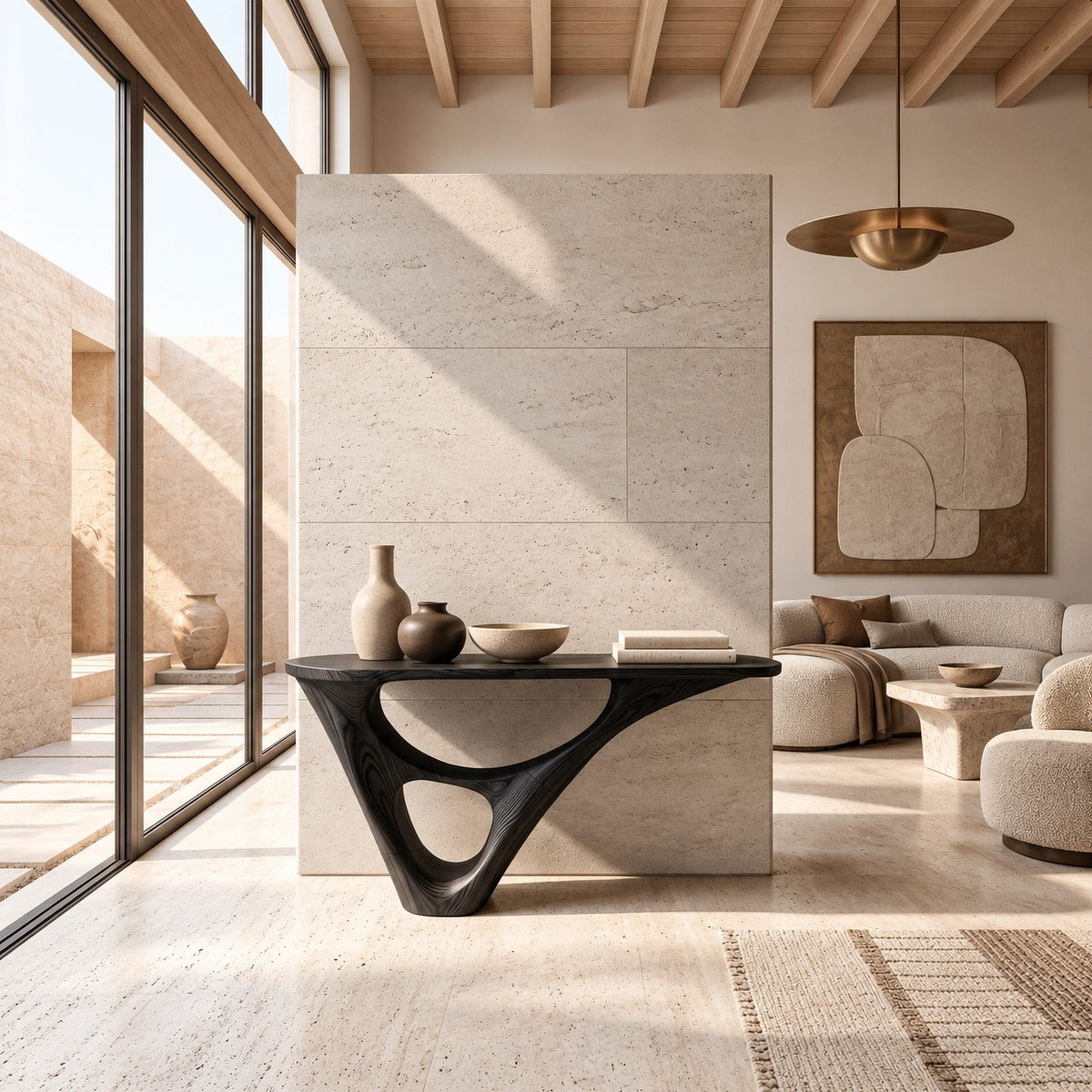 Sculptural Wood Console Table With Hollow Base For Entryway