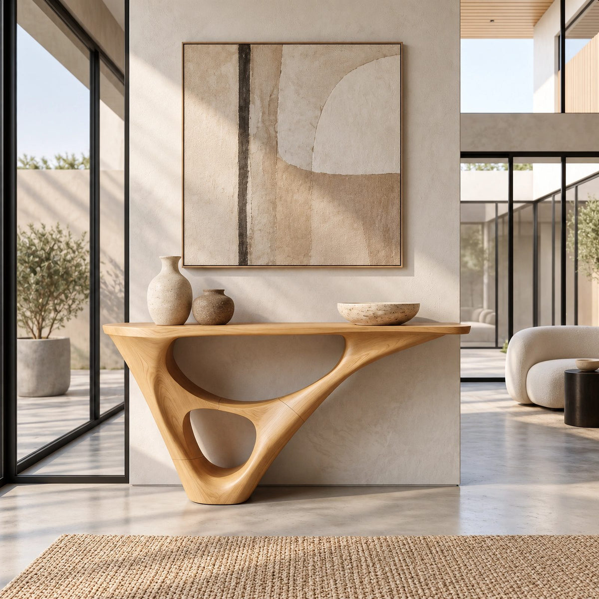 Sculptural Wood Console Table With Hollow Base For Entryway
