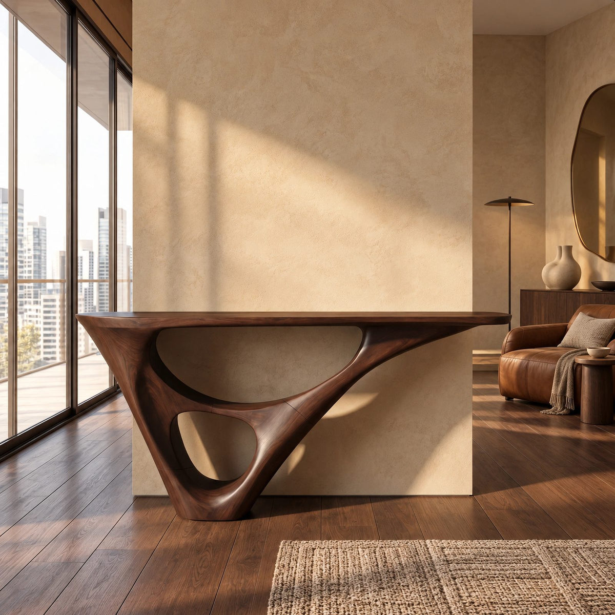 Sculptural Wood Console Table With Hollow Base For Entryway