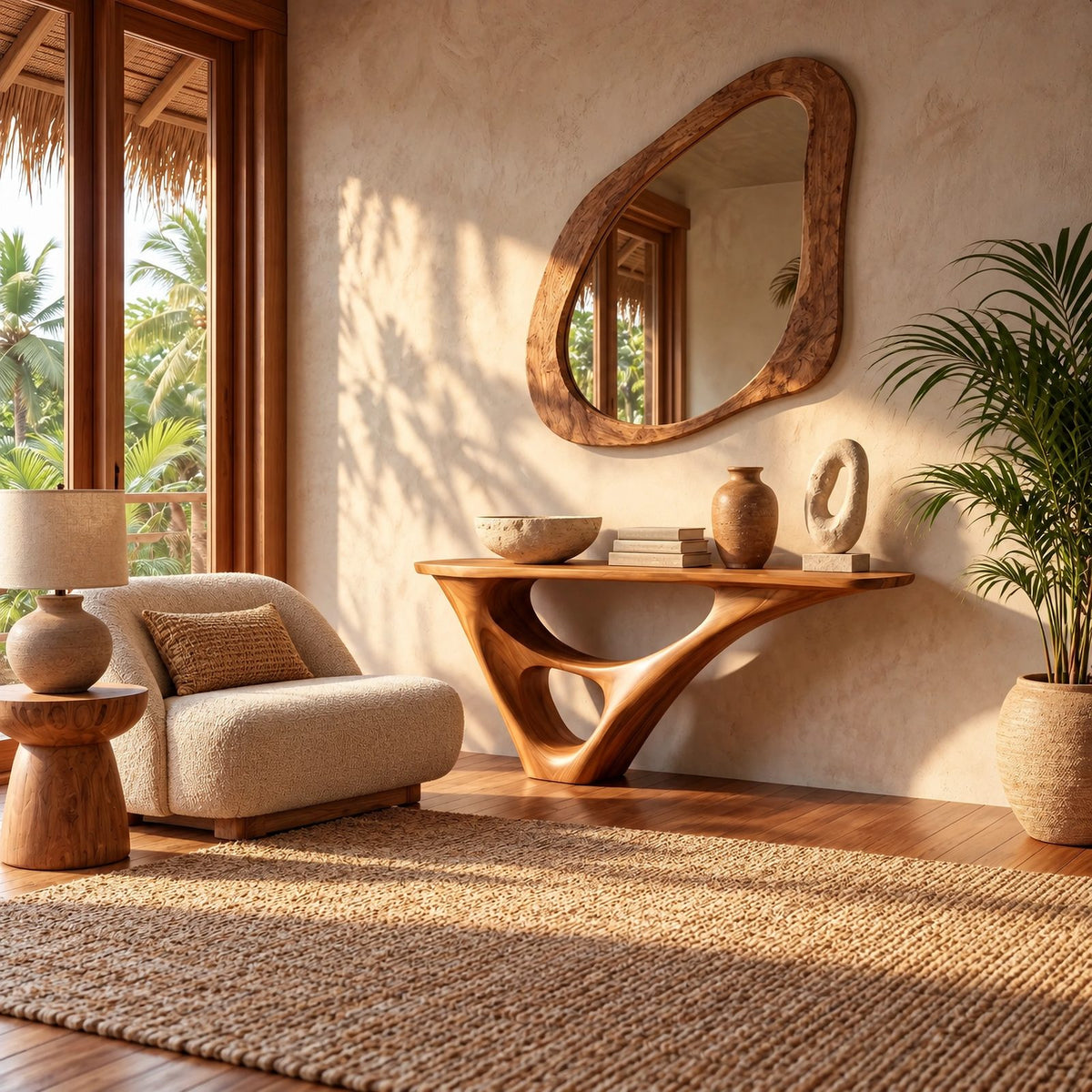 Sculptural Wood Console Table With Hollow Base For Entryway