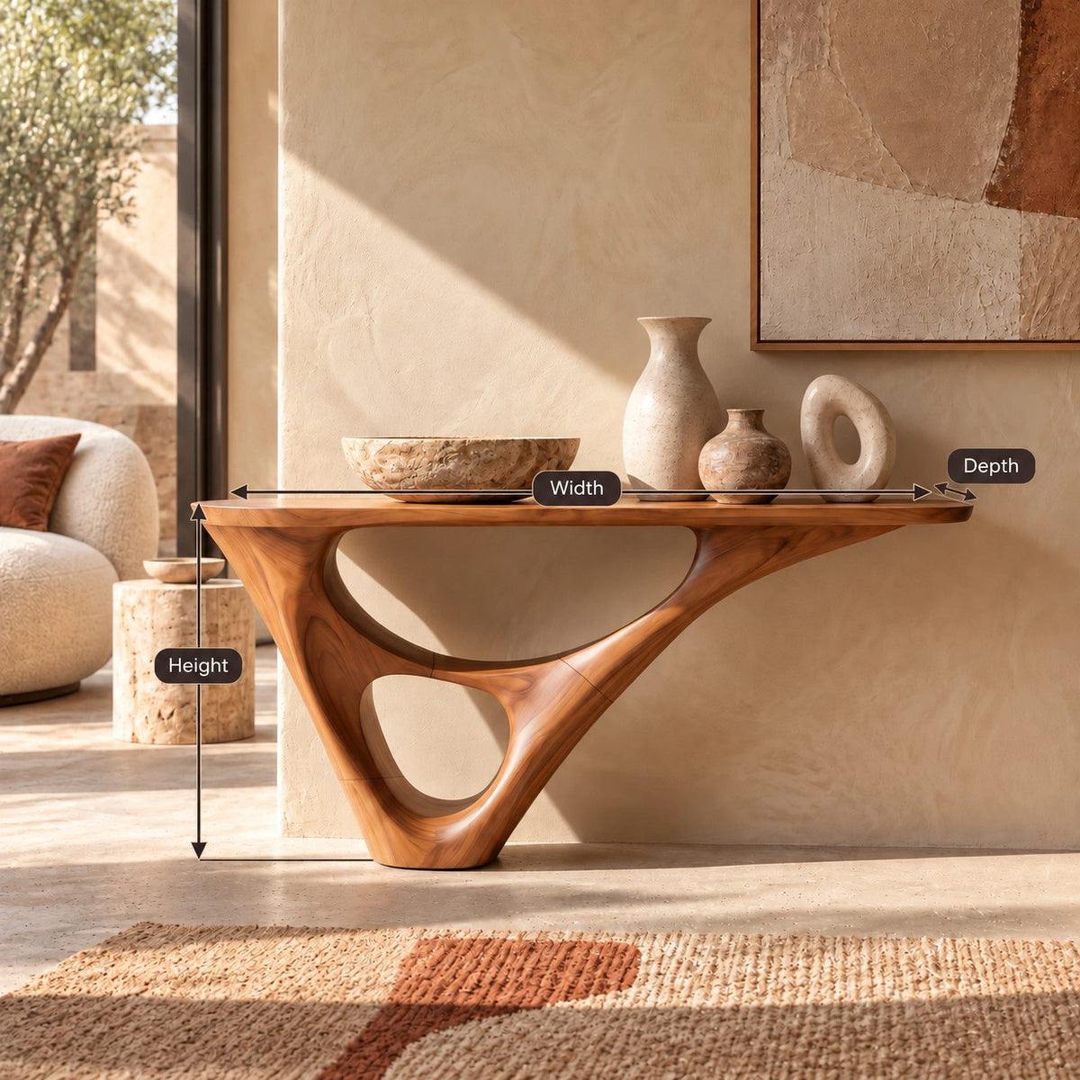 Sculptural Wood Console Table With Hollow Base For Entryway
