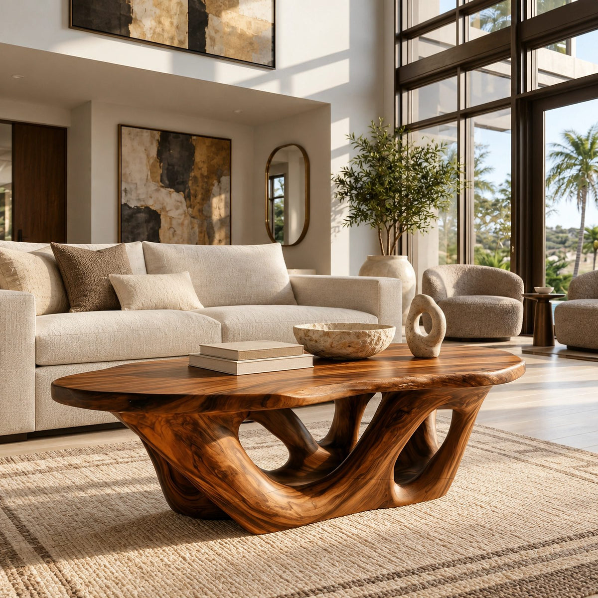 Sculptural Double Loop Base Coffee Table For Living Room