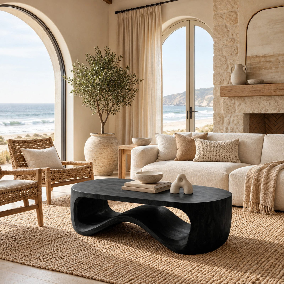 Contemporary Wood Coffee Table With Sculptural Pedestal Base For Living Room