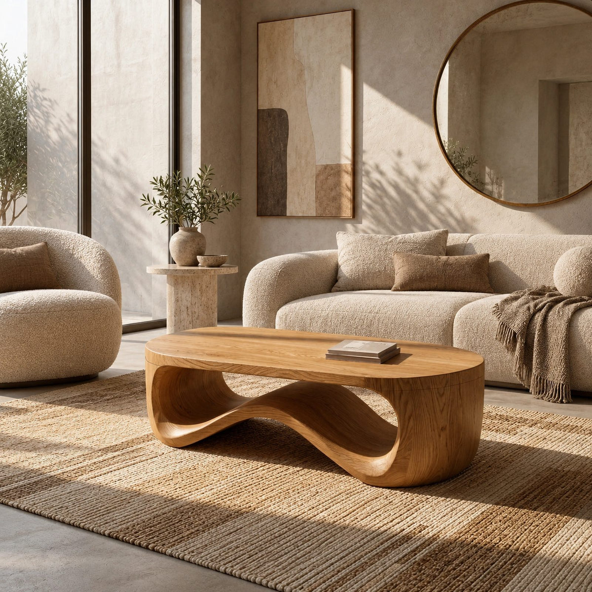 Contemporary Wood Coffee Table With Sculptural Pedestal Base For Living Room