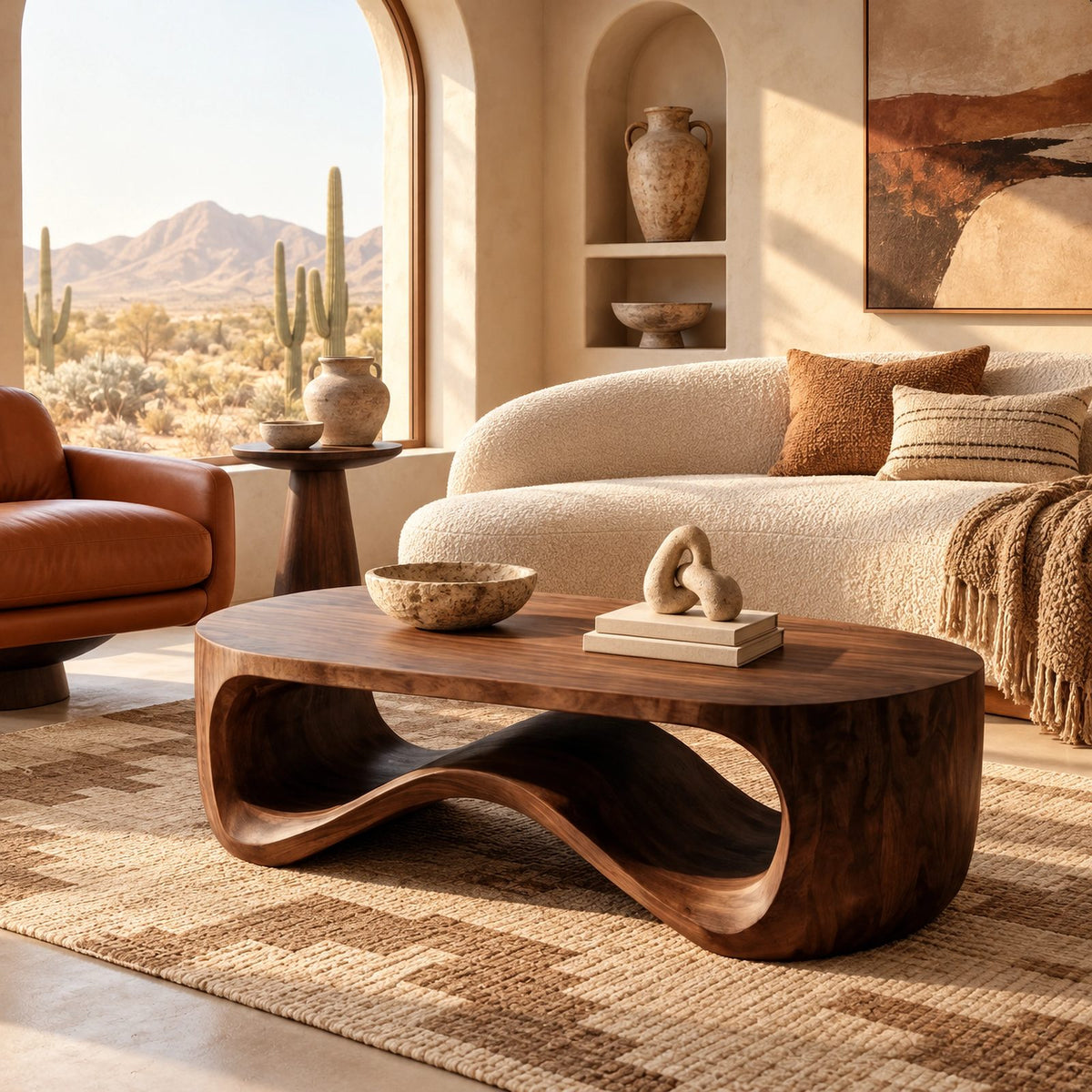 Contemporary Wood Coffee Table With Sculptural Pedestal Base For Living Room