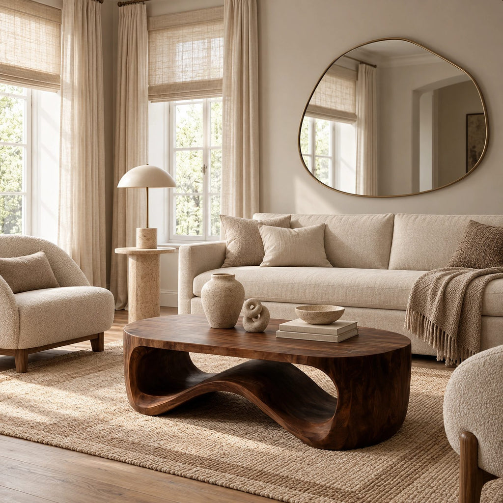 Contemporary Wood Coffee Table With Sculptural Pedestal Base For Living Room